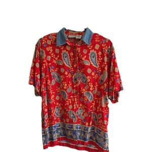 Vtg New Look Button Up Blouse Short Sleeve Shirt Womens Paisley Large Rayon Red